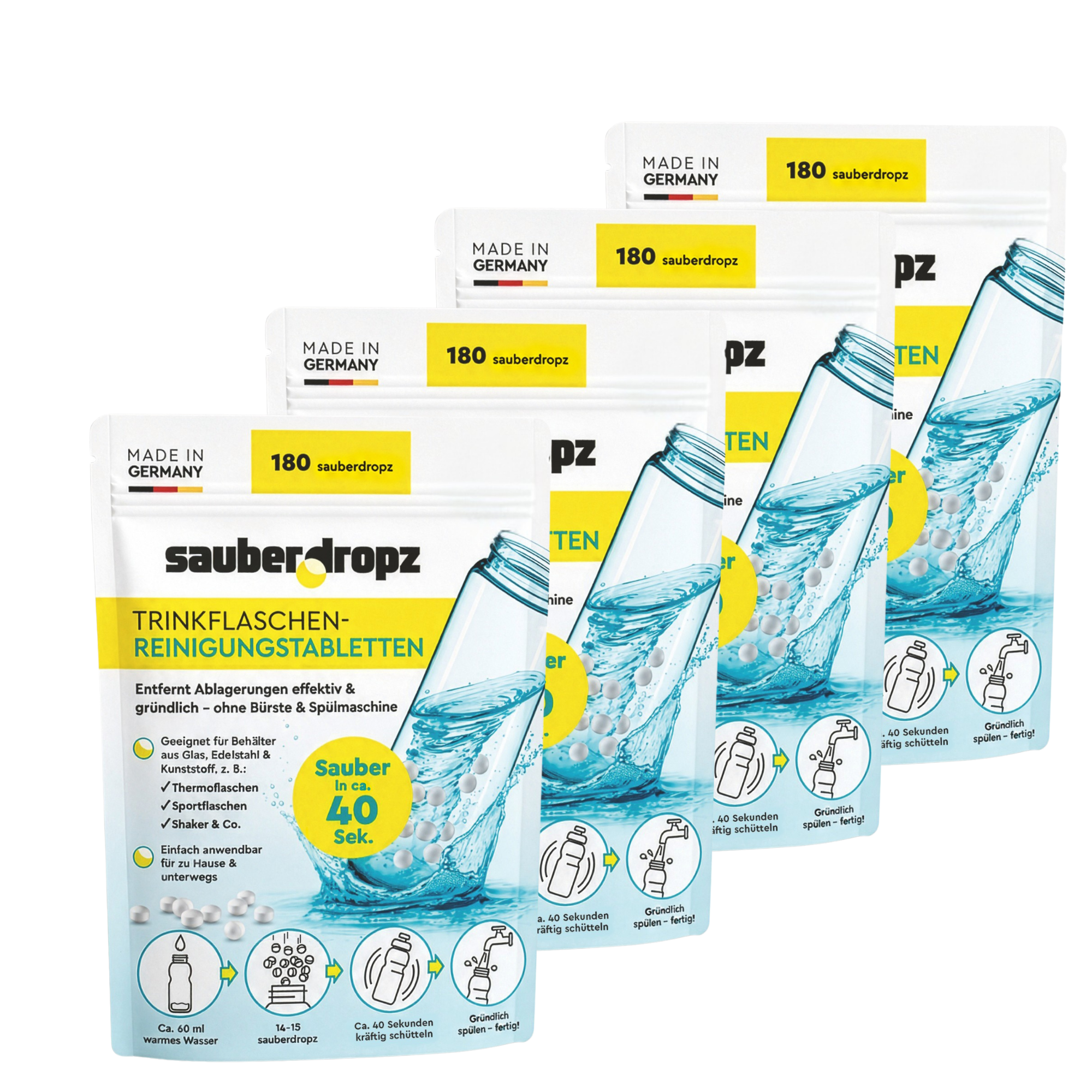 4er-Set Sauberdropz Trinkflaschen-Reinigungstabletten mit vier Packungen à 180 Tabletten