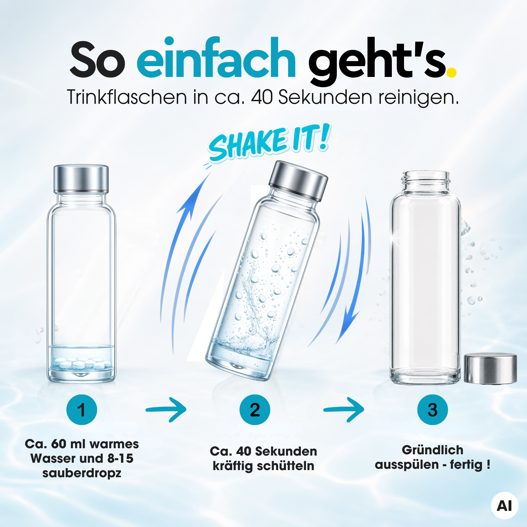 Anwendung von Sauberdropz in drei Schritten: Trinkflasche mit ca. 60 ml warmem Wasser und 8–15 Reinigungstabletten füllen, ca. 40 Sekunden kräftig schütteln und anschließend gründlich ausspülen
