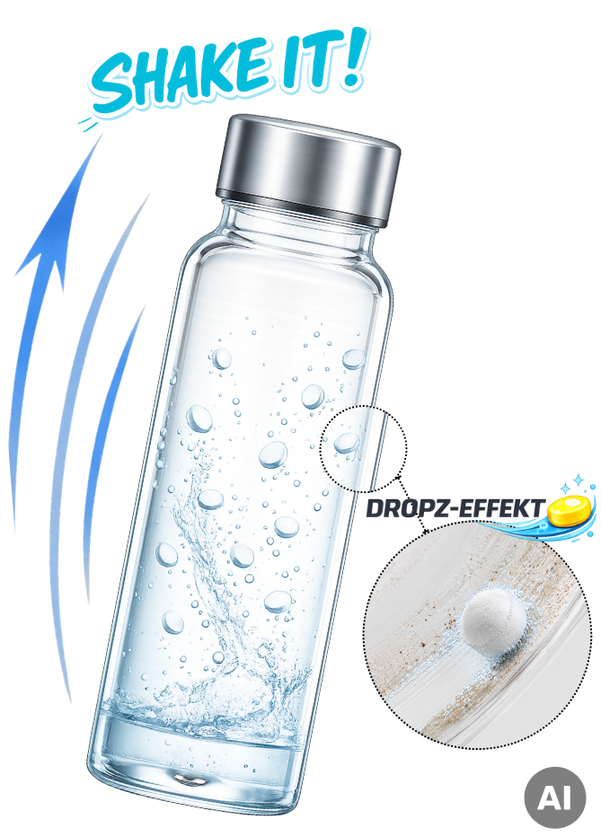 Trinkflasche beim Schütteln mit Sauberdropz Reinigungstabletten und Darstellung des Dropz-Effekts auf Ablagerungen